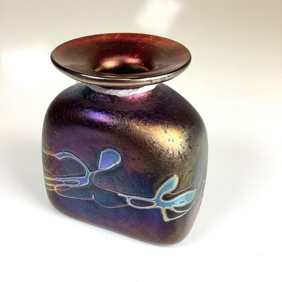 Robert Held Studio Signed Art Glass Vase Purple Swirl Iridescent w/Tag 3” High - Picture 1 of 13